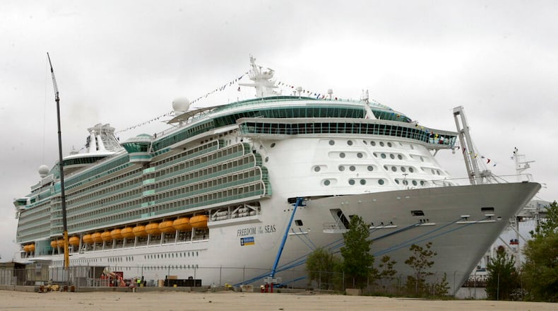 FILE - This May 11, 2006 file photo shows the Freedom of the Seas cruise ship docked in Bayonne, N.J. On Monday, Feb. 24, 2020, Salvatore "Sam" Anello, an Indiana man who was holding his granddaughter before she fell from an open window of the cruise ship and plunged to her death in July 2019 in Puerto Rico, agreed to plead guilty in her death, explaining that he was doing so "to try to help end part of this nightmare for my family." (AP Photo/Mike Derer, File)