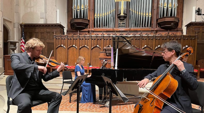 Georgian Chamber Players David Coucheron, violin (from left), Elizabeth Pridgen, piano, and Guang Wang, cello. Photo credit Niki Baker.