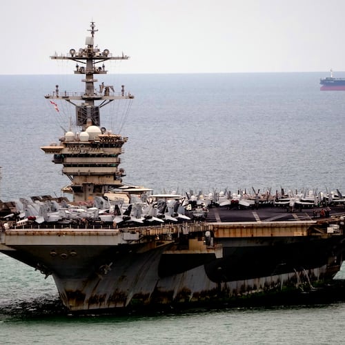 The U.S. Navy aircraft carrier USS Abraham Lincoln arrives at the port in Laem Chabang, Chonburi, Thailand, Wednesday, Sept. 2, 2026. (AP Photo/Sakchai Lalit)
