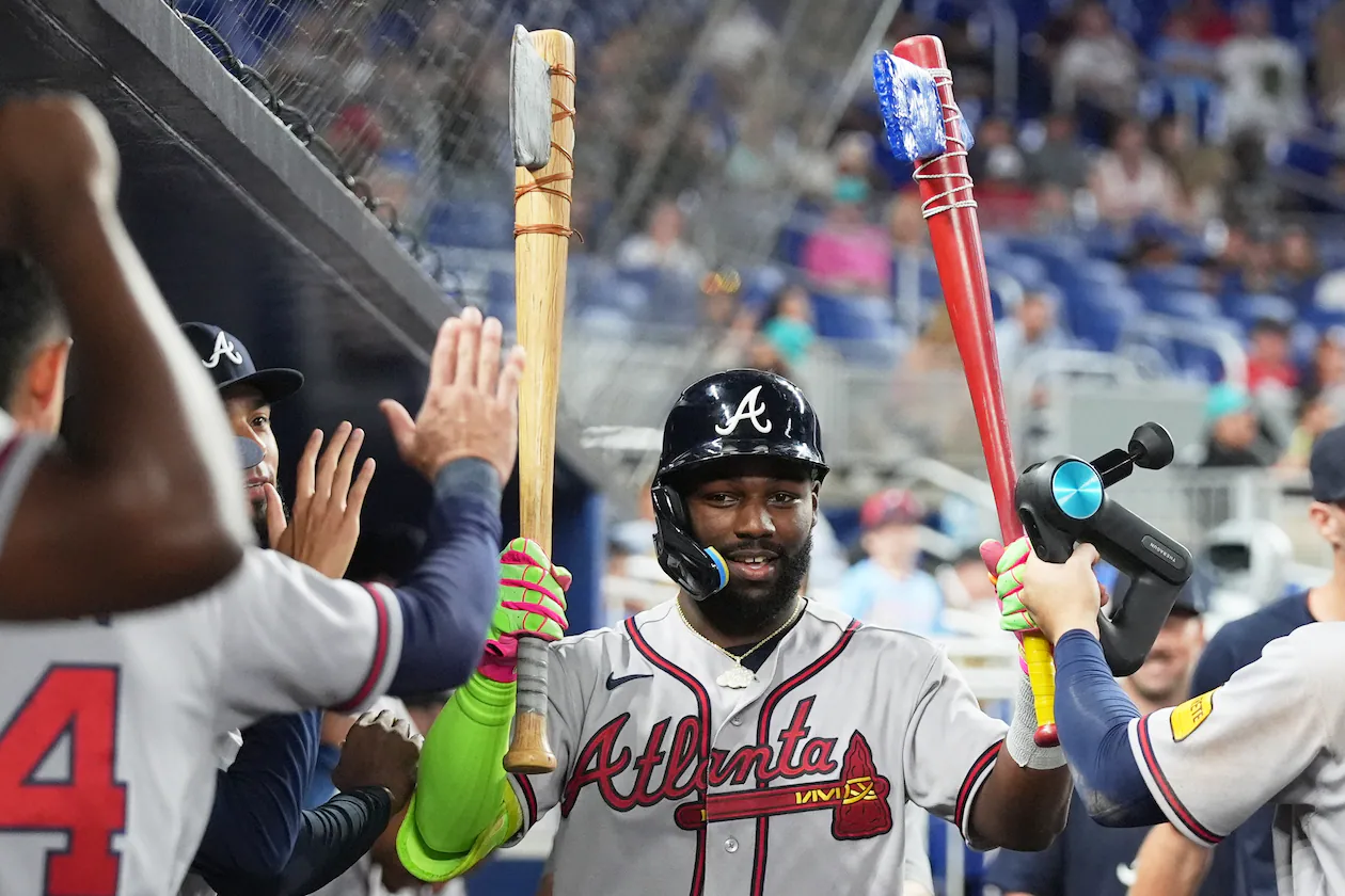 The Braves' Michael Harris II is congratulated after hitting a solo home run during the ninth inning against the Marlins on Thursday, May 21, 2026, in Miami. (Lynne Sladky/AP)