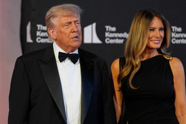President Donald Trump and first lady Melania Trump arrive to view opening night of "Les Miserables," at the Kennedy Center, Wednesday, June 11, 2025, in Washington. (AP Photo/Alex Brandon)