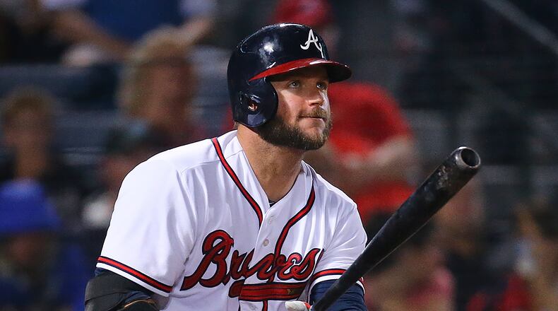 Braves A.J. Pierzynski hits a solo homer to give the Braves a 1-0 lead over the Nationals during the fourth inning in a baseball game on Tuesday, Sept. 29, 2015, in Atlanta. Curtis Compton / ccompton@ajc.com