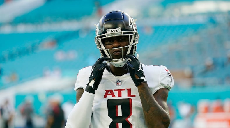 Atlanta Falcons tight end Kyle Pitts (8) warms up before a NFL preseason football game against the Miami Dolphins, Saturday, Aug. 21, 2021, in Miami Gardens, Fla. (AP Photo/Lynne Sladky)