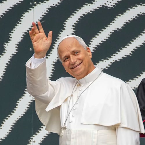 Pope Leo XIV waves as he arrives at the Vatican Library on the day of his 71st birthday, Monday, Sept. 14, 2026, during a press preview of the exhibit ""AQVA, Catastrophe and Wonder," which will be open to the public from Sept. 25 through May 14, 2027. (AP Photo/Andrew Medichini)