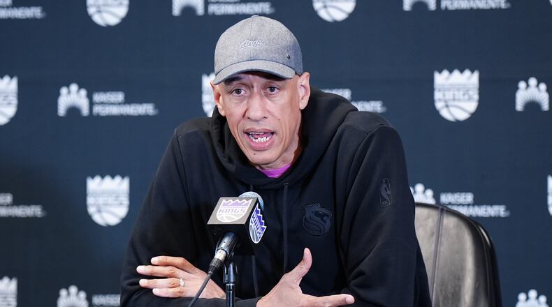 Sacramento Kings head coach Doug Christie speaks to the media before an NBA basketball game against the New Orleans Pelicans, Friday, April 3, 2026, in Sacramento, Calif. (AP Photo/Alan Greth)
