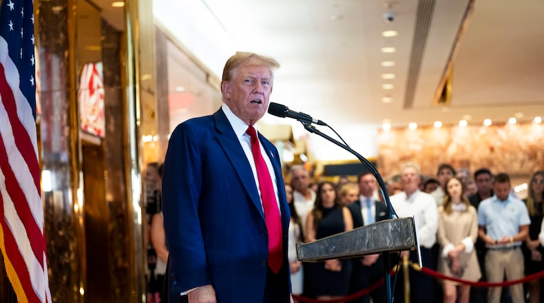 Former President Donald Trump during a news conference at Trump Tower in New York, New York, Friday, May 31, 2024. Trump’s lawyers on Tuesday, June 4, asked the judge who oversaw the former president’s criminal trial to lift a gag order on their client as the presidential campaign intensifies. (Doug Mills/The New York Times)