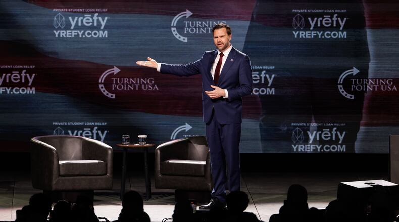 Vice President JD Vance enters a Turning Point USA event at Akins Ford Arena in Athens on April 14, 2026. (Arvin Temkar/AJC)