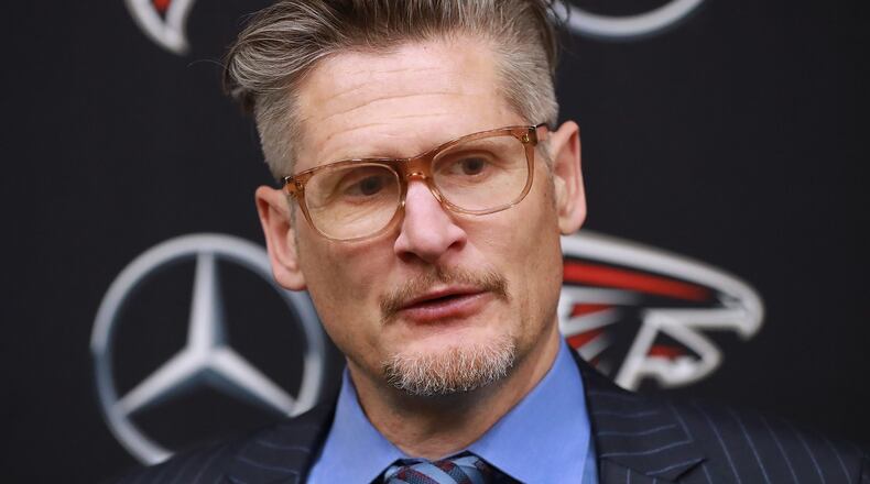 April 26, 2019 Flowery Branch: The Atlanta Falcons general manager Thomas Dimitroff discusses the teamâs first round draft picks at the indoor practice facility on Friday, April 26, 2019, in Flowery Branch. Curtis Compton/ccompton@ajc.com