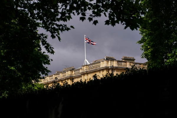 The Union Flag flies from the top of Lancaster House, during the talks between the U.S. and China, in London, Tuesday, June 10, 2025.(AP Photo/Alberto Pezzali)