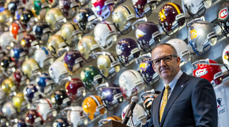 SEC commissioner Greg Sankey officially announces during Tuesday’s news conference at the College Football Hall of Fame that a 10-year deal has been reached to play the SEC Championship game in new Mercedes-Benz Stadium, starting in 2017. JONATHAN PHILLIPS / SPECIAL