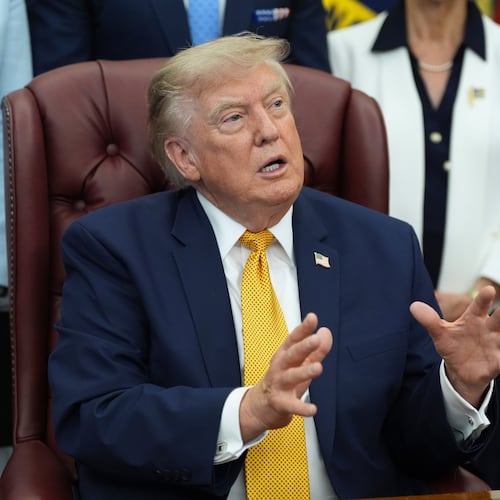 President Donald Trump speaks during a meeting about military families, in the Oval Office of the White House, Monday, Aug. 3, 2026, in Washington. (AP Photo/Alex Brandon)