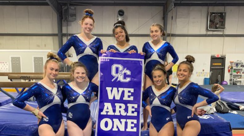 The Oconee County gymnastics team, front row, from left: Peyton Leach, Courtney Hurst, Emma Pachuta, Emma Gregory; back row, from left: Sarah Blake Wilson, Sahara Moreno, Karissa Brown.