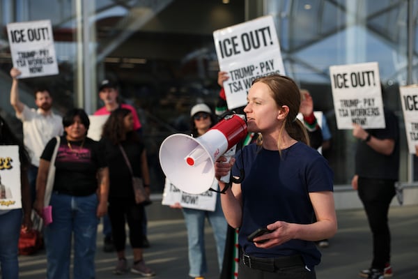 Atlanta City Council member Kelsea Bond speaks at a protest against Immigration and Customs Enforcement at Hartsfield-Jackson airport in Atlanta on Monday, March 23, 2026. ICE was deployed to Atlanta’s airport to support TSA starting Monday morning. (Arvin Temkar/AJC)