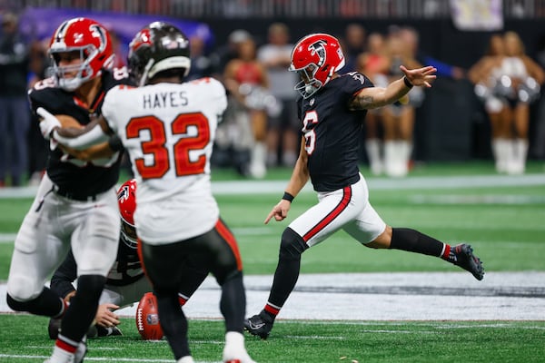 Atlanta Falcons placekicker Younghoe Koo (6) hits a field goal to tie the game with one second left on the clock during the second half of an NFL football game against the Tampa Bay Buccaneers on Thursday, October 3, 2024, at Mercedes-Benz Stadium in Atlanta. 
(Miguel Martinez/ AJC)