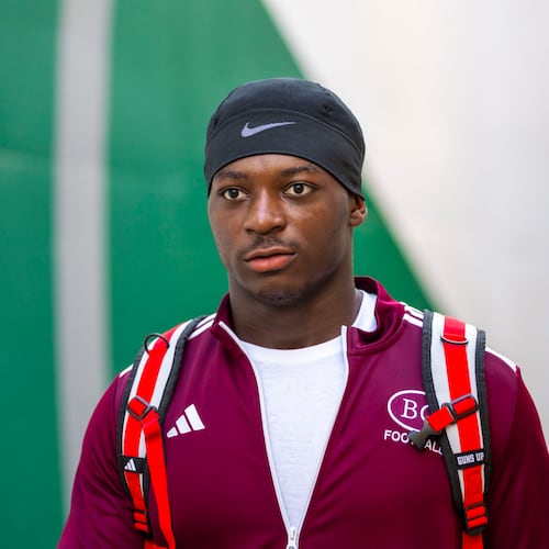 Benedictine linebacker LaDamion Guyton walks out of the locker rooms against Westminster at Fritz Orr Field in Atlanta, GA, on Friday, Sept. 19th, 2025. He's the highest-rated prospect in action this week at the GHSA State Football Championships. (Oscar Guevara Saenz for the AJC)