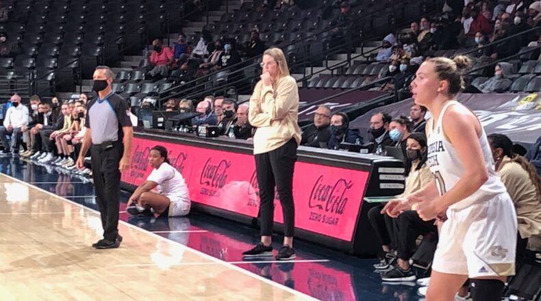 Georgia Tech assistant coach Blanche Alverson observes her team in the fourth quarter of the Yellow Jackets' 62-45 win over Wake Forest Dec. 19, 2021 at McCamish Pavilion. Alverson led the team in place of Nell Fortner, who was absent due to what the school termed health and safety protocol. (AJC photo by Ken Sugiura)