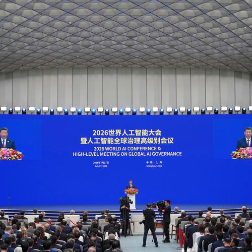 Chinese President Xi Jinping speaks at the opening ceremony for the World AI Conference in Shanghai, Friday, July 17, 2026. (AP Photo/Ng Han Guan, Pool)