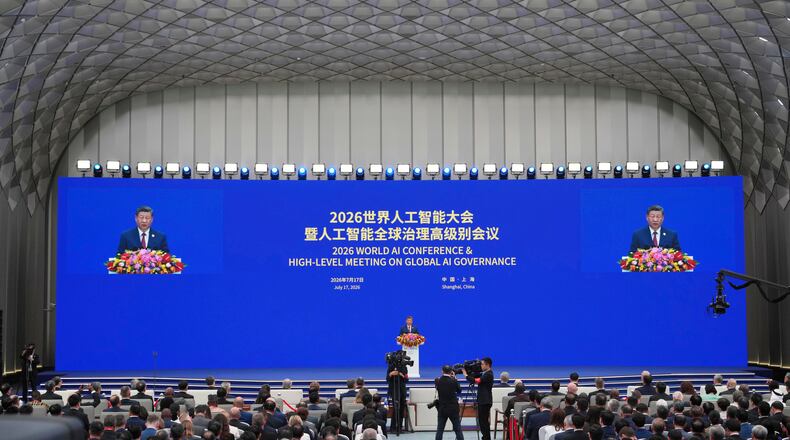 Chinese President Xi Jinping speaks at the opening ceremony for the World AI Conference in Shanghai, Friday, July 17, 2026. (AP Photo/Ng Han Guan, Pool)