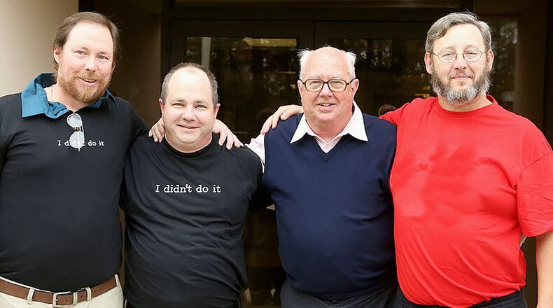 Jim McCloskey, second from right, poses for a photo with three men he helped free from prison. From left, Kenny Gardiner, Dominic Lucci, McCloskey and Mark Jones. McCloskey founded Centurion Ministries, a New Jersey nonprofit that works to free wrongfully convicted inmates. (Courtesy of Diane Bladecki)