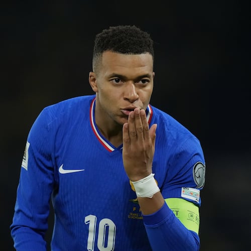 France's Kylian Mbappe celebrates the opening goal during a World Cup 2026 group D qualifying soccer match between France and Ukraine in Paris, Thursday, Nov. 13, 2025. (AP Photo/Christophe Ena)