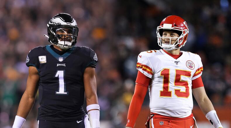 In this composite image a comparison has been made between quarterback Jalen Hurts (1) of the Philadelphia Eagles (L) and quarterback Patrick Mahomes (15) of the Kansas City Chiefs (R). They will meet in Super Bowl LVII on February 12,2023 at State Farm Stadium in Glendale, Arizona. (Left Image - Mitchell Leff/Getty Images/TNS) (Right Images - Dylan Buell/Getty Images/TNS)