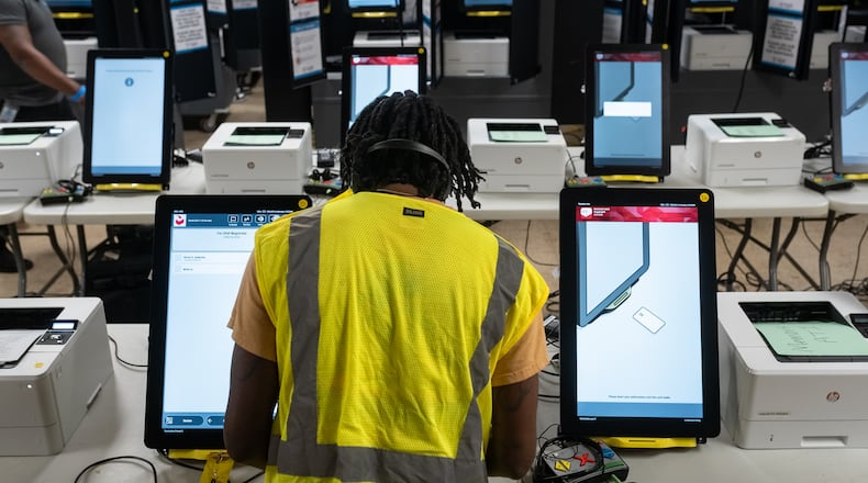 Dekalb County Elections officals conduct logic and accuracy testing of Dominion voting machines in September. (Ben Hendren for The Atlanta Journal-Constitution)