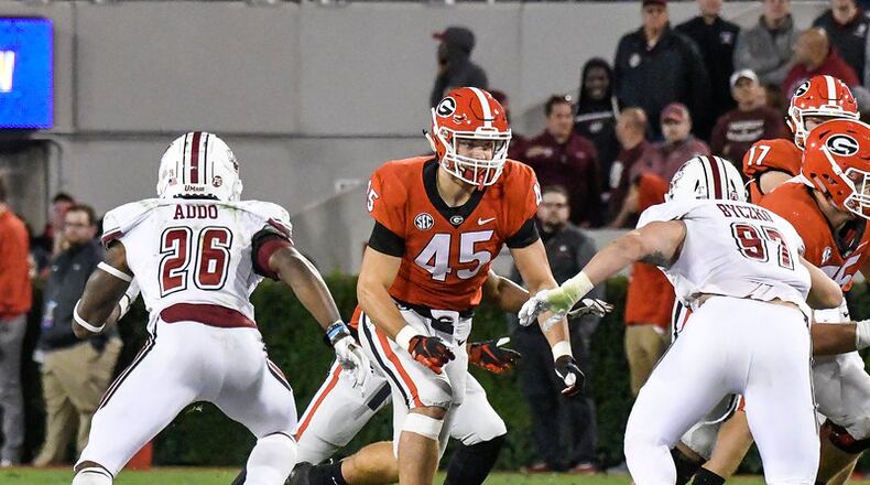 Former Georgia tight end Luke Ford blocks during a 2018 game. Photo by John Kelley/UGA)