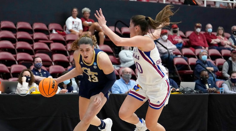 Georgia Tech forward Lorela Cubaj (13) has her spot in the WNBA. Cubaj's draft rights were acquired by the New York Liberty in a trade with the Seattle Storm. (AP Photo/Tony Avelar)
