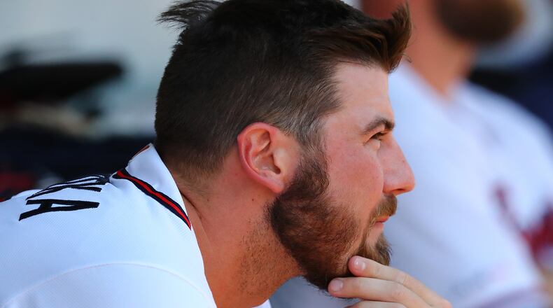 Braves pitcher Chad Sobotka sits in the dugout after he gave up 3 runs to the Arizona Diamondbacks for a 4-0 lead and was pulled from the game during the seventh inning in a MLB baseball game on Thursday, April 18, 2019, in Atlanta. The Diamondbacks won the game 4-1. Curtis Compton/ccompton@ajc.com