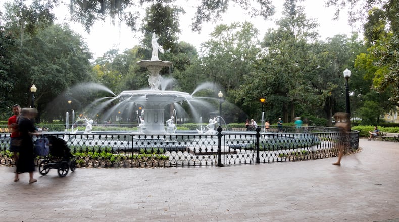 People admire the fountain in Savannah's Forsyth Park. The park, named after former Georgia Governor and U.S. Secretary of State John Forsyth, dates back to the 1840s. (Katelyn Myrick for the AJC)