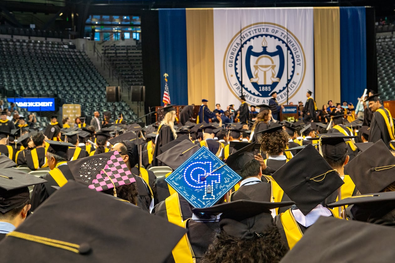 Georgia Tech holds graduation at McCamish Pavilion for students receiving master's degrees in the College of Computing and Bachelor's degrees in Mechanical Engineers on Saturday, May 4, 2024. The school has seen a significant increase in students taking online courses in recent years. (Jenni Girtman for the AJC)