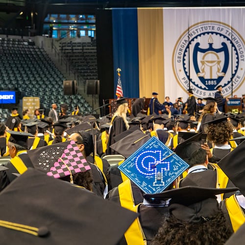 Georgia Tech holds graduation at McCamish Pavilion for students receiving master's degrees in the College of Computing and Bachelor's degrees in Mechanical Engineers on Saturday, May 4, 2024. The school has seen a significant increase in students taking online courses in recent years. (Jenni Girtman for the AJC)
