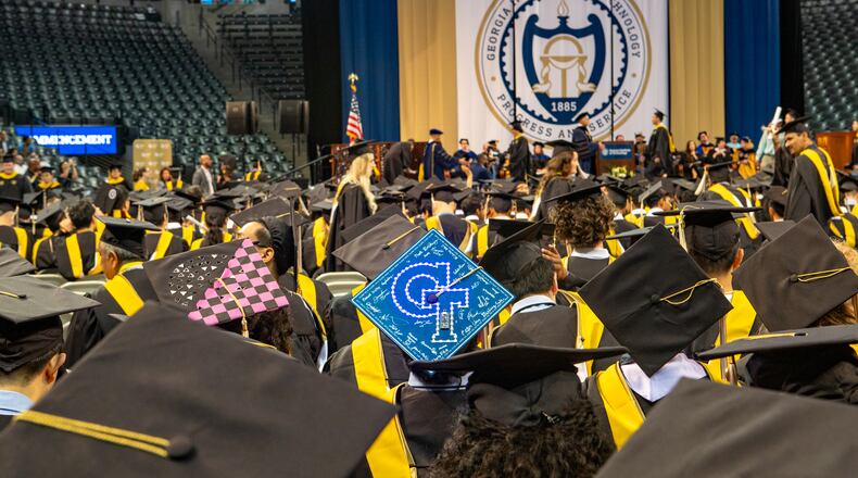 Georgia Tech holds graduation at McCamish Pavilion for students receiving Master's degrees in the College of Computing and Bachelor's degrees in Mechanical Engineers on Saturday, May 4, 2024. Georgia Tech now has the largest enrollment of any college or university in the state. (Jenni Girtman for The Atlanta Journal-Constitution)