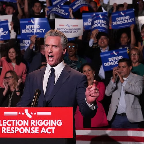 FILE - California Gov. Gavin Newsom speaks during a news conference, Aug. 14, 2025, in Los Angeles. (AP Photo/Marcio Jose Sanchez, File)
