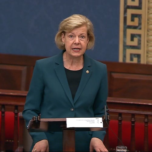 In this image from Senate Television video, Sen. Tammy Baldwin, D-Wis., speaks about the Boundary Waters in northern Minnesota, on the Senate floor at the U.S. Capitol in Washington, Wednesday, April 15, 2026. (Senate Television via AP)