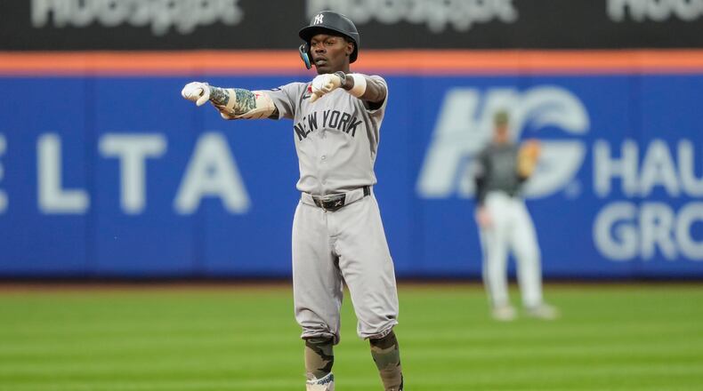 New York Yankees' Jazz Chisholm Jr. reacts after hitting a double during the second inning of a baseball game against the New York Mets, Saturday, May 16, 2026, in New York. (AP Photo/Yuki Iwamura)