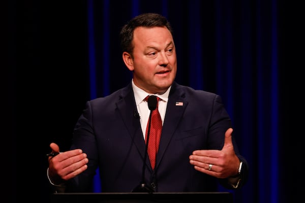 Republican Lt. Gov. Burt Jones, a candidate for governor, speaks at the Atlanta Press Club Loudermilk-Young primary election debate at Georgia Public Broadcasting on Monday. (Arvin Temkar/AJC)