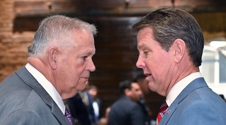 January 29, 2020 Atlanta - Georgia Speaker of the House David Ralston (left) and Governor Brian Kemp speak during the 7th Annual Legislative Lunch at Georgia Freight Depot in Atlanta on Wednesday, January 29, 2020. (Hyosub Shin / Hyosub.Shin@ajc.com)