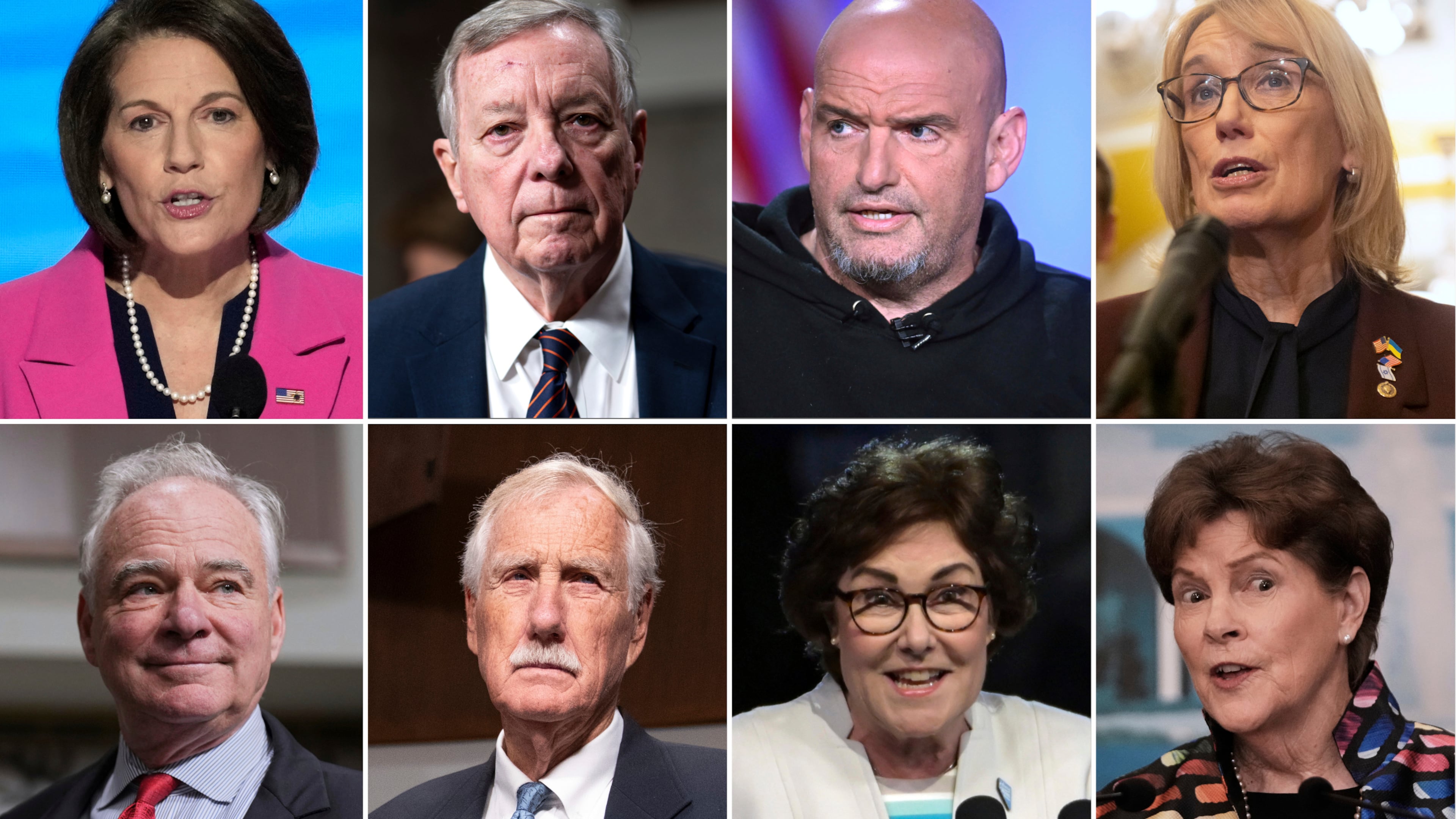 This combination photo of eight senators who are facing criticism from the Democratic party for their deal to end the government shutdown shows Sen. Catherine Cortez Masto, D-Nev., top row from left, Senate Judiciary Committee Chairman Dick Durbin, D-Ill., Sen. John Fetterman, D-Pa., Sen. Maggie Hassan, D-N.H., and bottom row from left, Sen. Tim Kaine, D-Va., Sen. Angus King, I-Maine, Sen. Jacky Rosen, D-Nev., and Sen. Jeanne Shaheen, D-N.H. (AP Photo)
