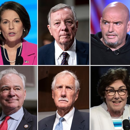 This combination photo of eight senators who are facing criticism from the Democratic party for their deal to end the government shutdown shows Sen. Catherine Cortez Masto, D-Nev., top row from left, Senate Judiciary Committee Chairman Dick Durbin, D-Ill., Sen. John Fetterman, D-Pa., Sen. Maggie Hassan, D-N.H., and bottom row from left, Sen. Tim Kaine, D-Va., Sen. Angus King, I-Maine, Sen. Jacky Rosen, D-Nev., and Sen. Jeanne Shaheen, D-N.H. (AP Photo)