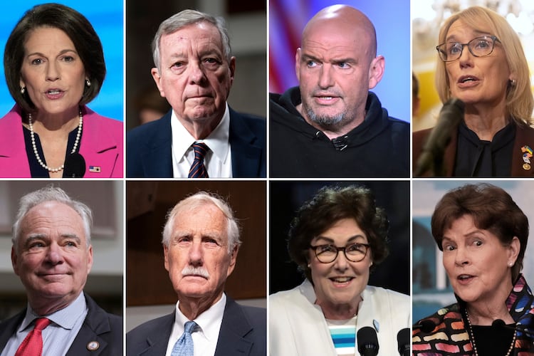 The eight senators who are facing criticism from the Democratic party for their deal to end the government shutdown (top row, left to right): Catherine Cortez Masto, D-Nev.; Dick Durbin, D-Ill., John Fetterman, D-Pa., Maggie Hassan, D-N.H.. Bottom row: Sen. Tim Kaine, D-Va., Sen. Angus King, I-Maine, Sen. Jacky Rosen, D-Nev., and Sen. Jeanne Shaheen, D-N.H. (AP)
