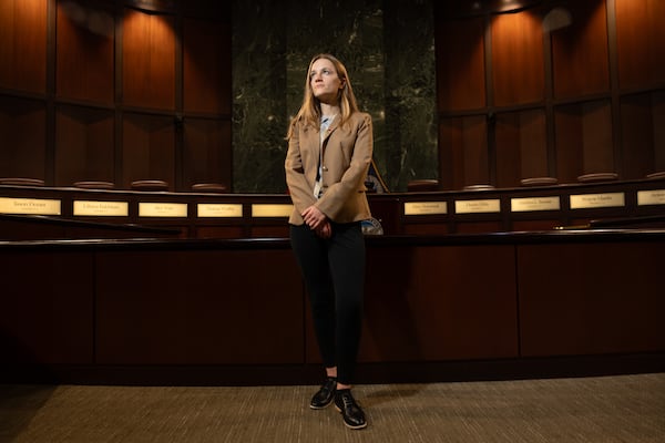 Atlanta City Council member Kelsea Bond, the council’s first democratic socialist, poses for a portrait at City Hall on Wednesday. (Arvin Temkar/AJC)
