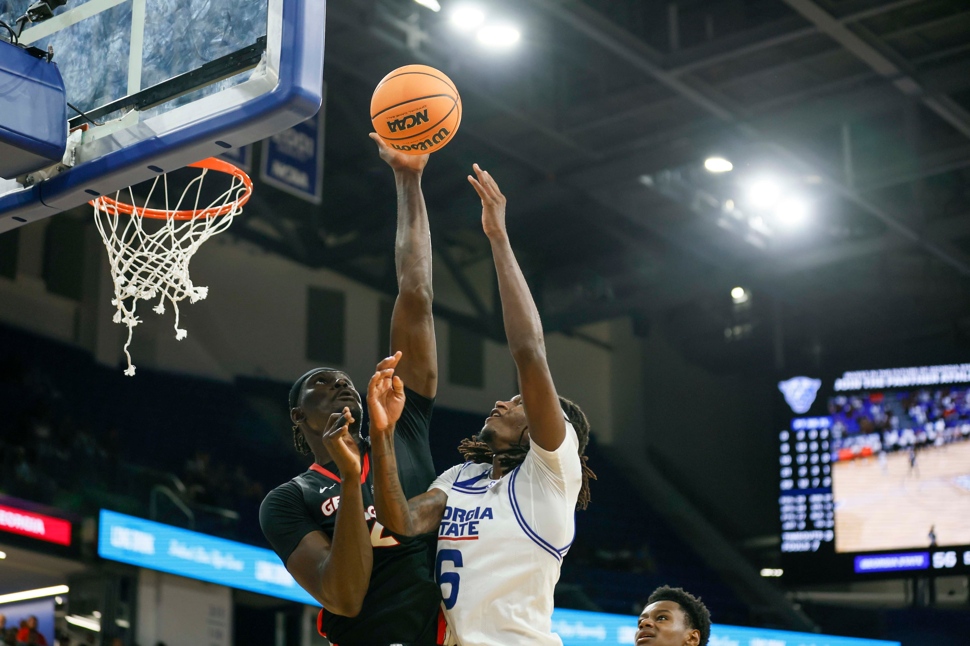Georgia Bulldogs center Somtochukwu Cyril (2) blocks a shot to Georgia State Panthers forward Joah Chappelle (6) during the second half of an exhibition opener game at the Georgia State Convocation Center, Wednesday, October 15, 2025, in Atlanta.
(Miguel Martinez/ AJC)