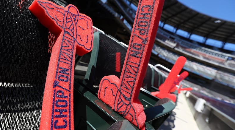 Foam tomahawks wait in the seats for fans for the Atlanta Braves and the Chicago Cubs in the Braves home opener MLB baseball game at SunTrust Park on Monday, April 1, 2019, in Atlanta.    Curtis Compton/ccompton@ajc.com