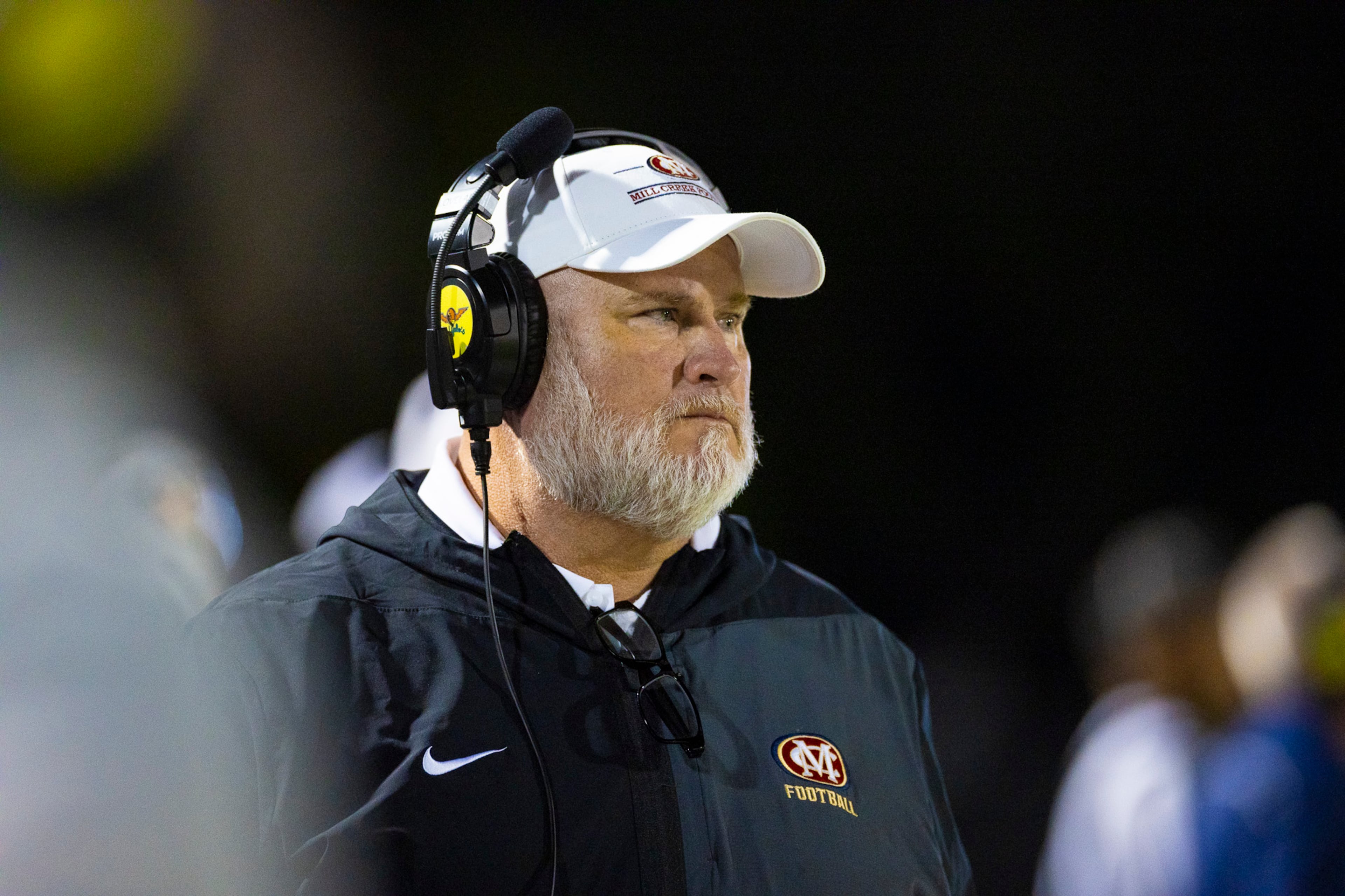 Mill Creek head coach Josh Loveladylooks on during the second half against Colquitt at Mill Creek Community Stadium in Hoschton on Nov. 14th, 2025. (Oscar Guevara Saenz for the AJC)