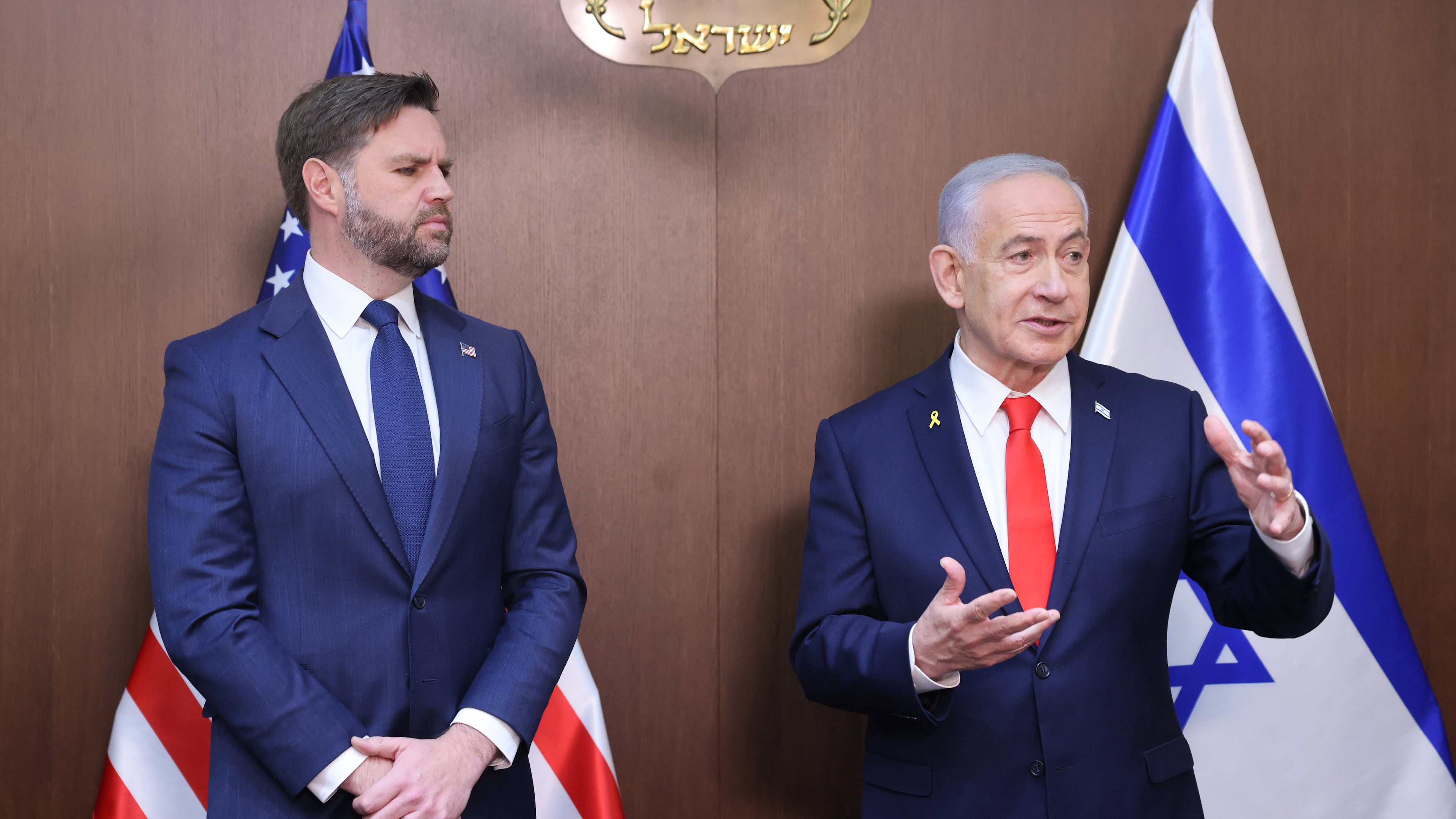 U.S. Vice President JD Vance, left, meets with Israeli Prime Minister Benjamin Netanyahu at the Prime Minister's Office in Jerusalem, Wednesday, Oct. 22, 2025. (Marc Israel Sellem/Jerusalem Post via AP, Pool)