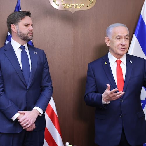 U.S. Vice President JD Vance, left, meets with Israeli Prime Minister Benjamin Netanyahu at the Prime Minister's Office in Jerusalem, Wednesday, Oct. 22, 2025. (Marc Israel Sellem/Jerusalem Post via AP, Pool)