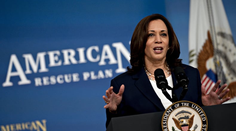 Vice President Kamala Harris speaks during an event on the implementation of the American Rescue Plan's investment in child care in the Eisenhower Executive Office Building in Washington, D.C., U.S., on April 15, 2021. (Andrew Harrer/Pool/ABACAPRESS.COM/TNS)