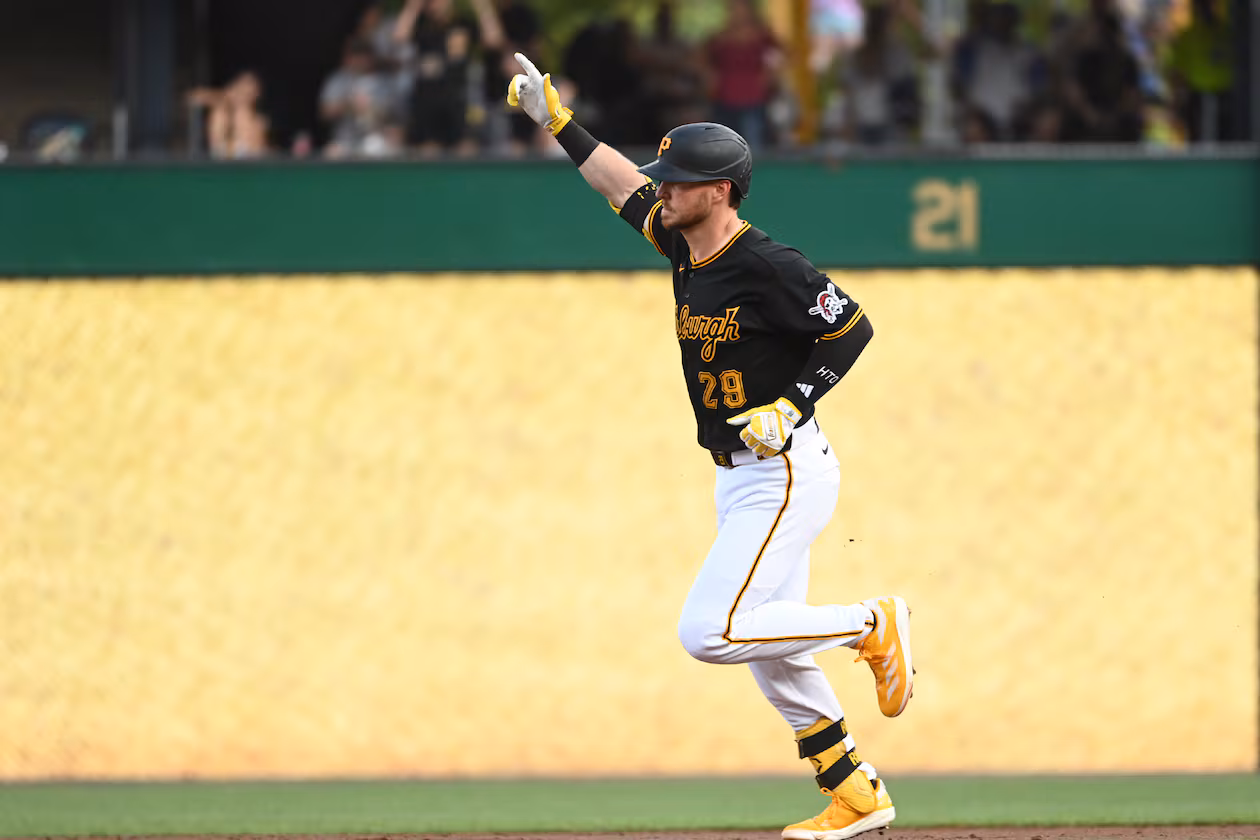The Pittsburgh Pirates' Ryan O'Hearn celebrates a three-run home run off Atlanta Braves starting pitcher Hurston Waldrep during the third inning of an MLB game, Tuesday, July 7, 2026, in Pittsburgh. (Philip G. Pavely/AP)