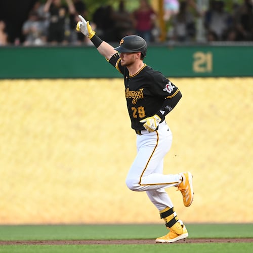 The Pittsburgh Pirates' Ryan O'Hearn (29)celebrates a three-run home run off Atlanta Braves starting pitcher Hurston Waldrep during the third inning of an MLB game, Tuesday, July 7, 2026, in Pittsburgh. (AP Photo/Philip G. Pavely)
